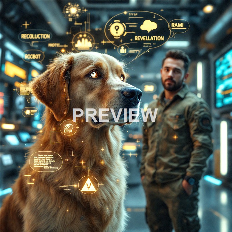 A golden retriever dog with a human soldier in a high-tech control room, with holographic digital interface elements floating around them.